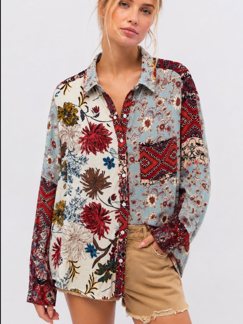 UMGEE PATCHWORK PRINT OVERSIZED SHIRT
